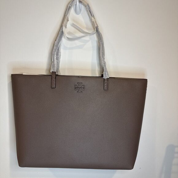 NWT AUTH NEW Tory Burch Women's McGraw Pebbled Leather Tote Bag In Silver Maple - Picture 1 of 5